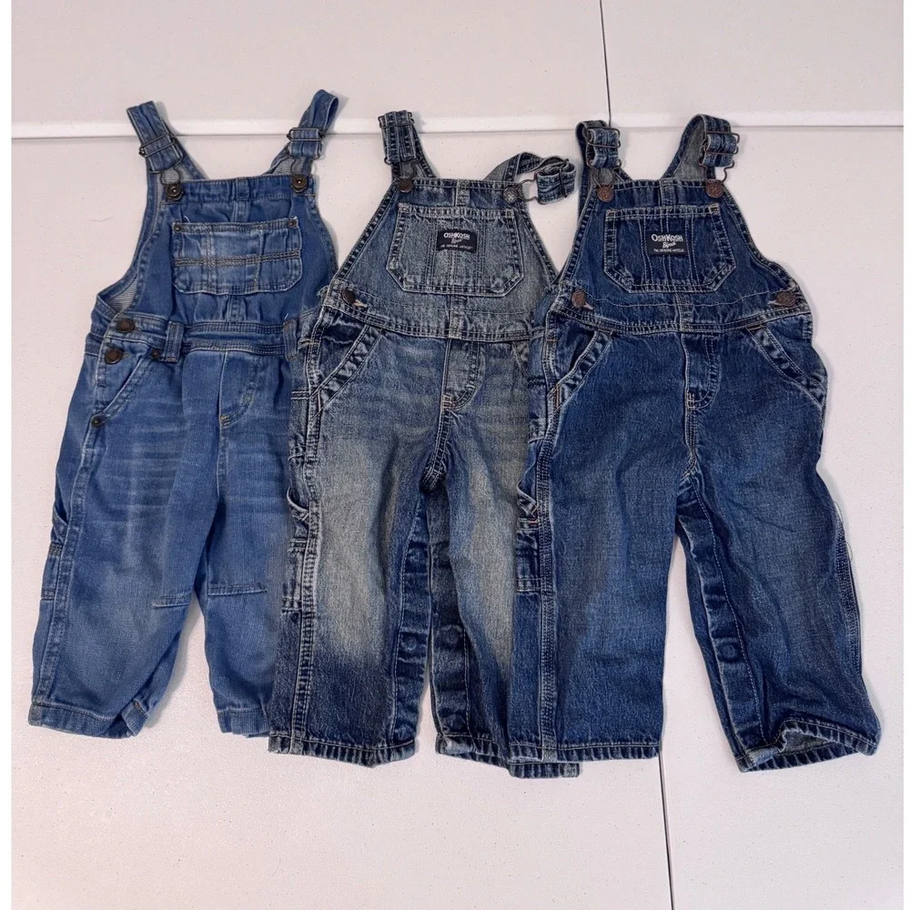 Lot of 3 OshKosh B'Gosh Genuine Kids Denim Overalls Blue 12 Months bb